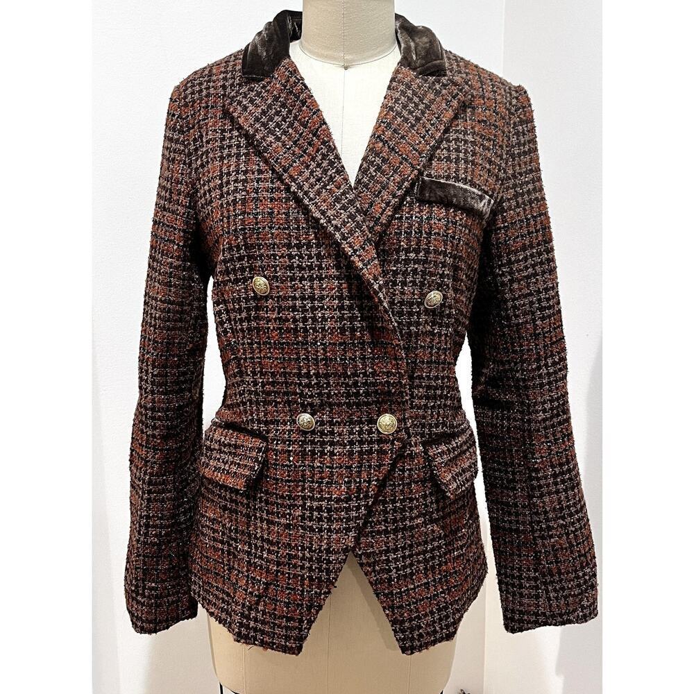 Mystree Blazer Womens Small Brown Plaid Tweed Double Breasted Gold Button Jacket